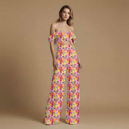 vibrant fuchsia abstract print fabric draped — palazzo suit styling