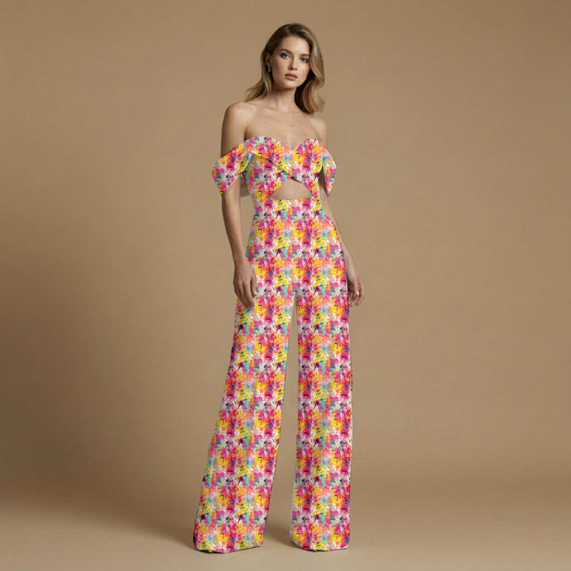 vibrant fuchsia abstract print fabric draped — palazzo suit styling