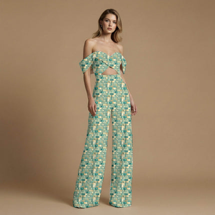 teal abstract print fabric draped — kurta set styling
