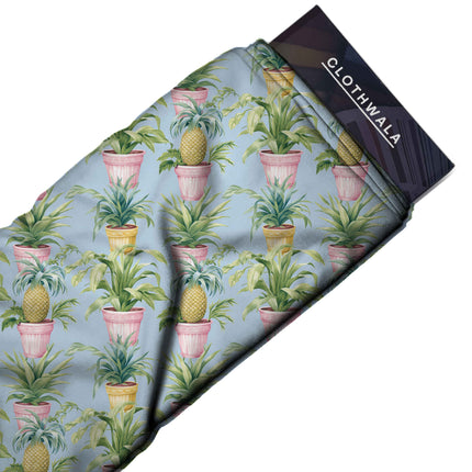 powder blue tropical all-over print pattern — medium scale repeat layout
