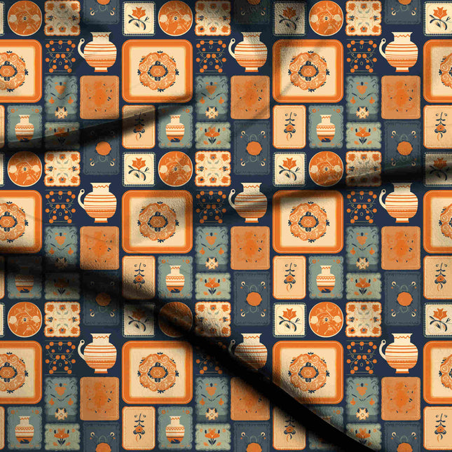 midnight blue ethnic digital print fabric texture — medium scale closeup