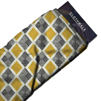 mustard yellow geometric all-over print pattern — medium scale repeat layout