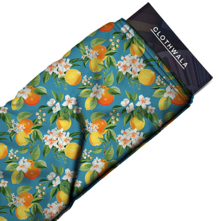 cerulean blue floral fabric detail — matte finish digital print closeup