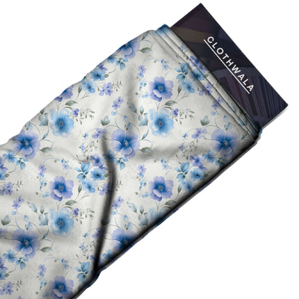 sky blue floral fabric detail — textured finish digital print closeup