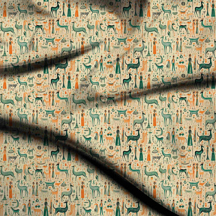 ivory cream ethnic digital print fabric texture — medium scale closeup