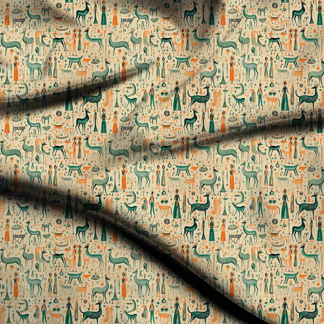 ivory cream ethnic digital print fabric texture — medium scale closeup