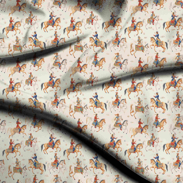 ivory cream ethnic digital print fabric texture — medium scale closeup