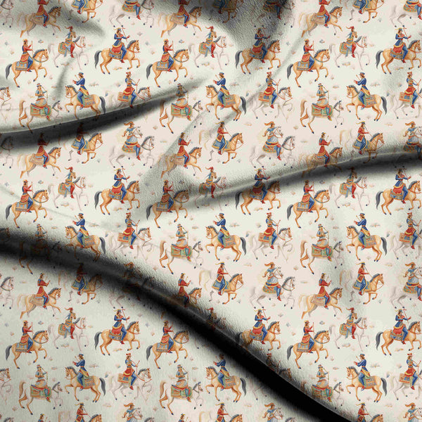 Ivory Cream Miniature Painting Style Equestrian Figures Print Fabric