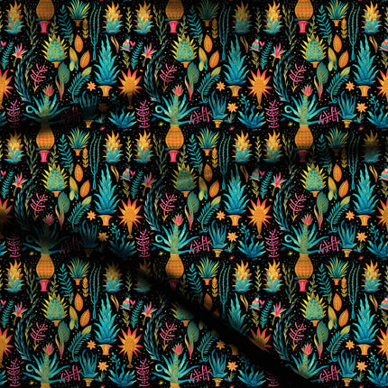 electric teal tropical digital print fabric texture — medium scale closeup
