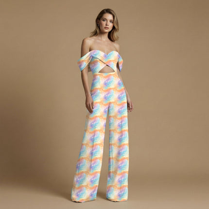 pastel peach abstract print fabric draped — saree styling