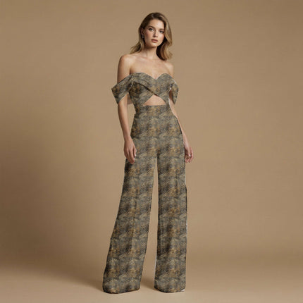 dark brown animal print fabric draped — jumpsuit styling