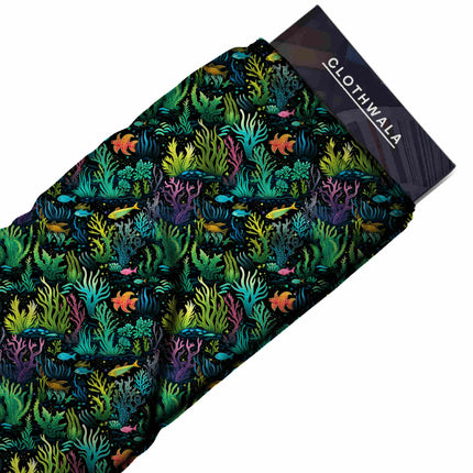 chartreuse green tropical print fabric draped — resort shirt styling