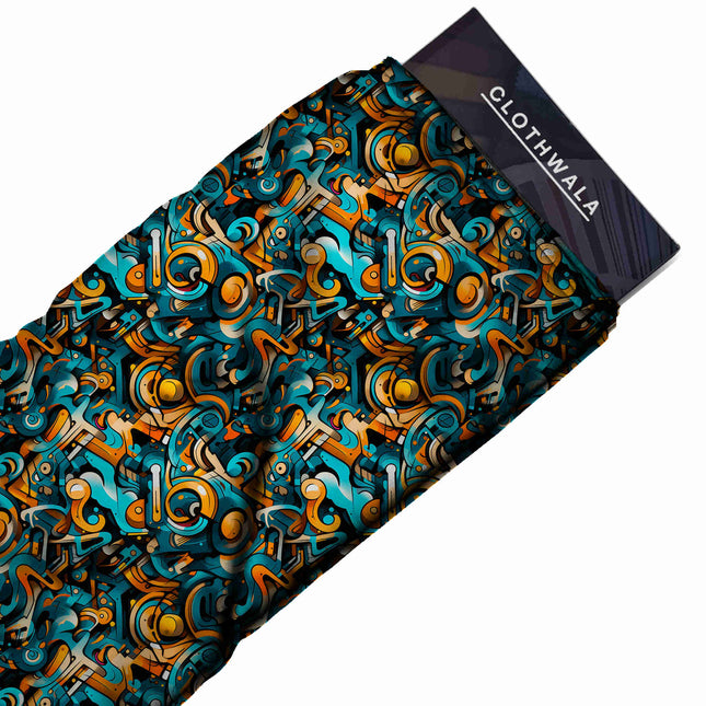 teal abstract print fabric draped — kaftan styling