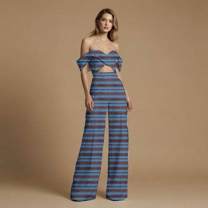 cobalt blue stripes print fabric draped — trousers styling