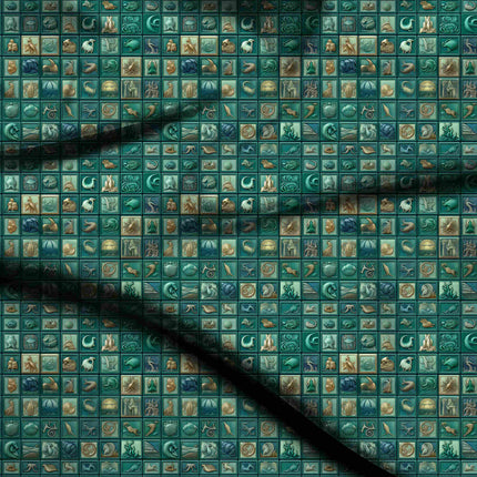 teal green ethnic digital print fabric texture — medium scale closeup