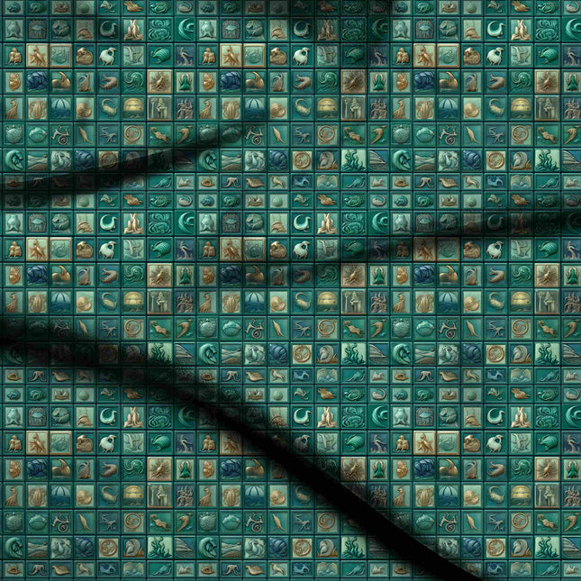 teal green ethnic digital print fabric texture — medium scale closeup