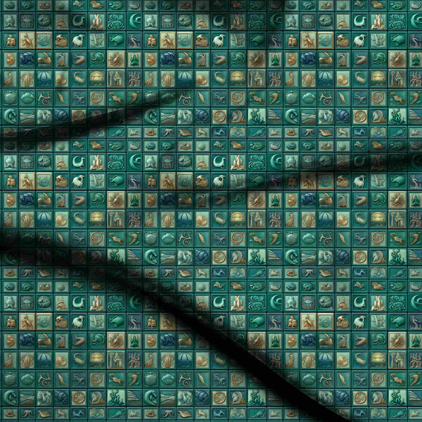 Teal Green Intricate Ancient Motifs Print Fabric