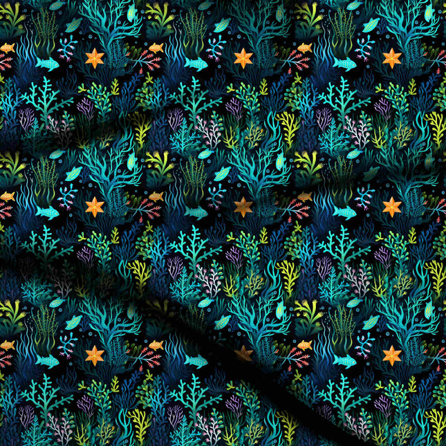 midnight blue tropical digital print fabric texture — medium scale closeup