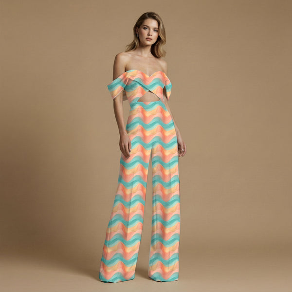 Teal Layered Abstract Waves Print Fabric