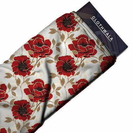 crimson red floral fabric detail — textured finish digital print closeup