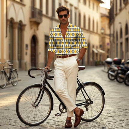 marigold yellow geometric print fabric draped — jacket styling