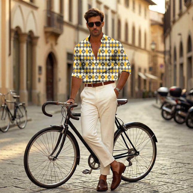 marigold yellow geometric print fabric draped — jacket styling