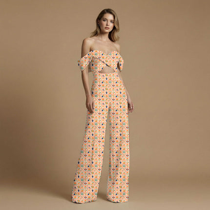 salmon pink ethnic print fabric draped — jumpsuit styling