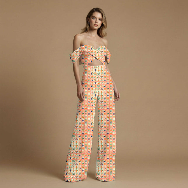 salmon pink ethnic print fabric draped — jumpsuit styling