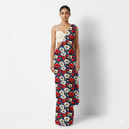 Midnight Blue Floral Digital Print Fabric for Dress | Whimsical Ethnic Wear - Image 8