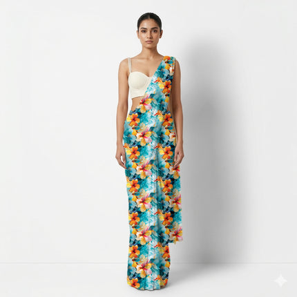 Teal Floral Digital Print Fabric for Dress | Casual Wear - Image 9