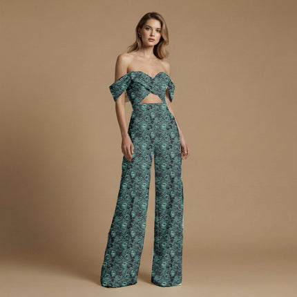 teal green floral print fabric draped — lehenga skirt styling