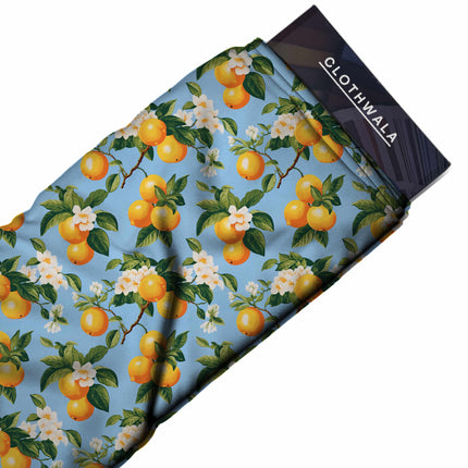 sky blue floral fabric detail — textured finish digital print closeup