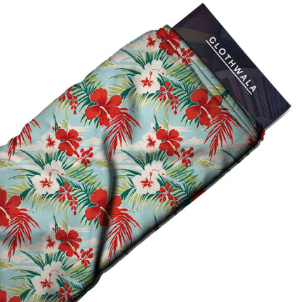 scarlet red tropical print fabric draped — shirt styling