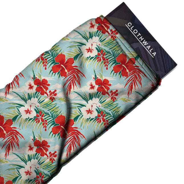 scarlet red tropical print fabric draped — shirt styling