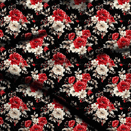 crimson red floral digital print fabric texture — medium scale closeup