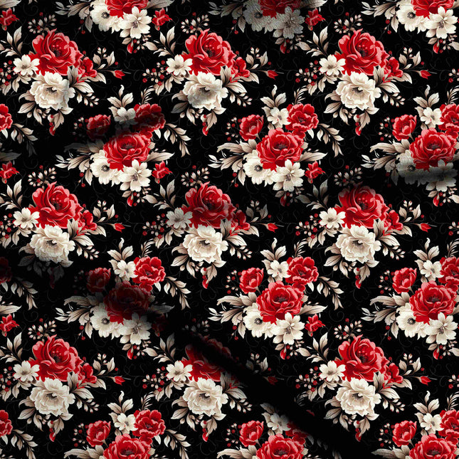crimson red floral digital print fabric texture — medium scale closeup