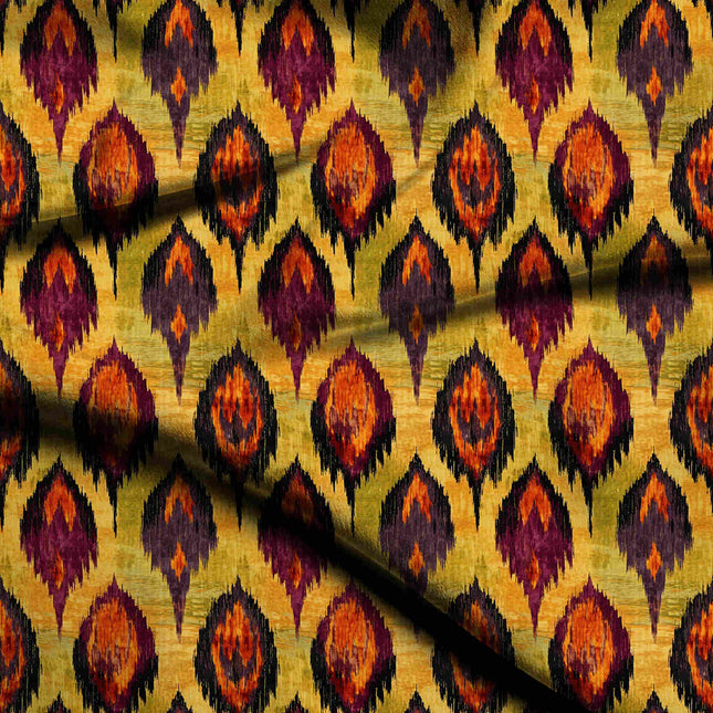 mustard yellow ethnic digital print fabric texture — medium scale closeup