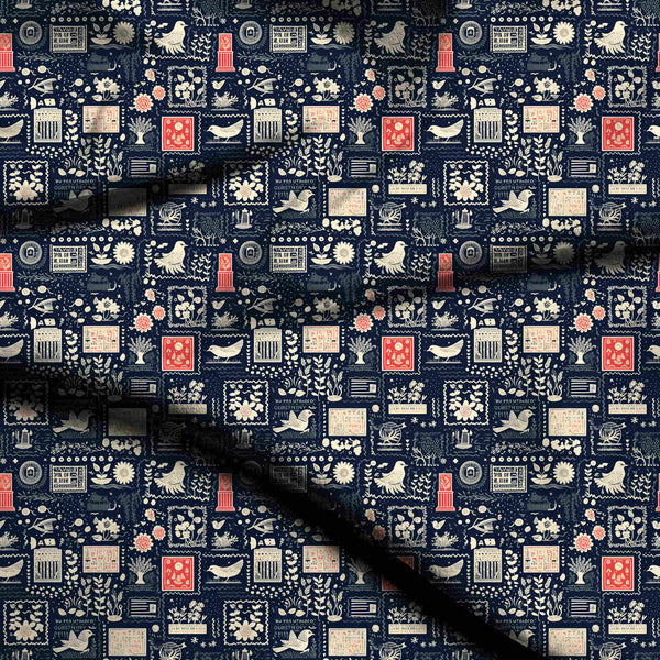 Midnight Blue Eclectic Folk-art Collage Print Fabric