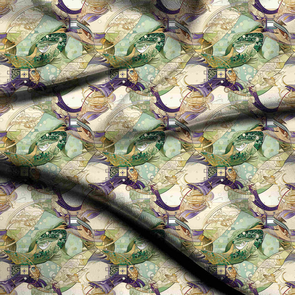 Malachite Green Stylized Art Nouveau Fish Motif Print Fabric