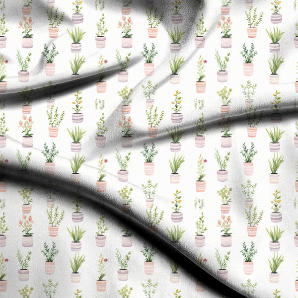 Sage Green Delicate Watercolor Potted Plants Print Fabric