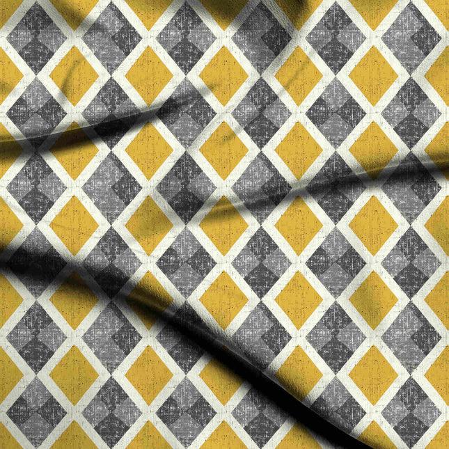 mustard yellow geometric digital print fabric texture — medium scale closeup