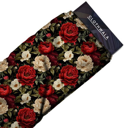crimson floral fabric detail — matte finish digital print closeup