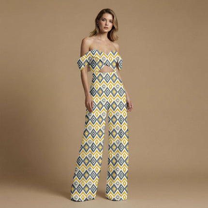 mustard yellow geometric all-over print pattern — medium scale repeat layout