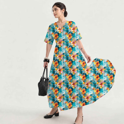 Teal Floral Digital Print Fabric for Dress | Casual Wear - Image 3
