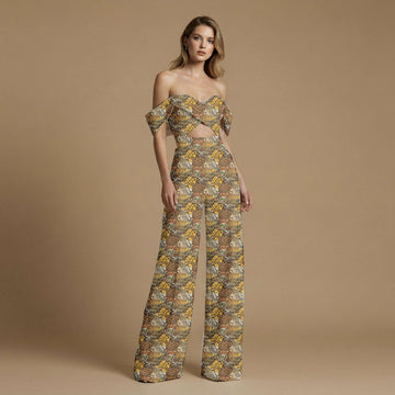 Ochre Abstract earthy floral mosaic with Kurta Set Fabric