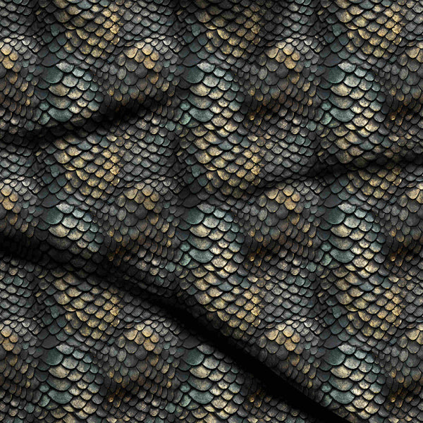 Charcoal Black Overlapping 3D Reptilian Scales Print Fabric