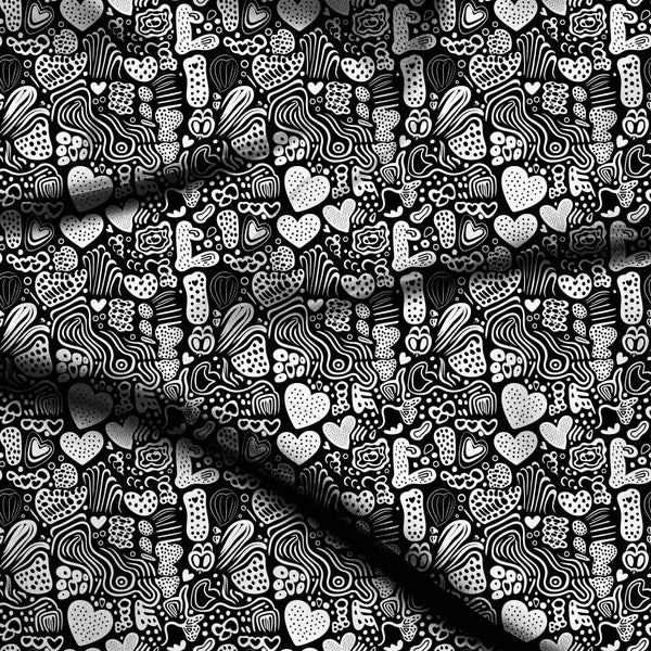 Jet Black Dense Collage Of Hand-drawn Abstract Print Fabric