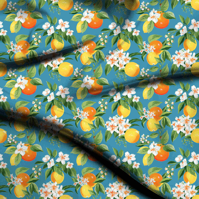 cerulean blue floral digital print fabric texture — medium scale closeup