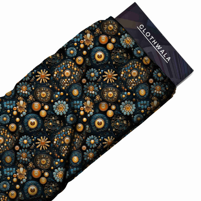 deep teal floral print fabric draped — kaftan styling