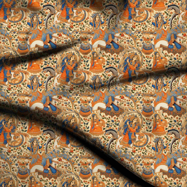 cobalt blue ethnic digital print fabric texture — medium scale closeup